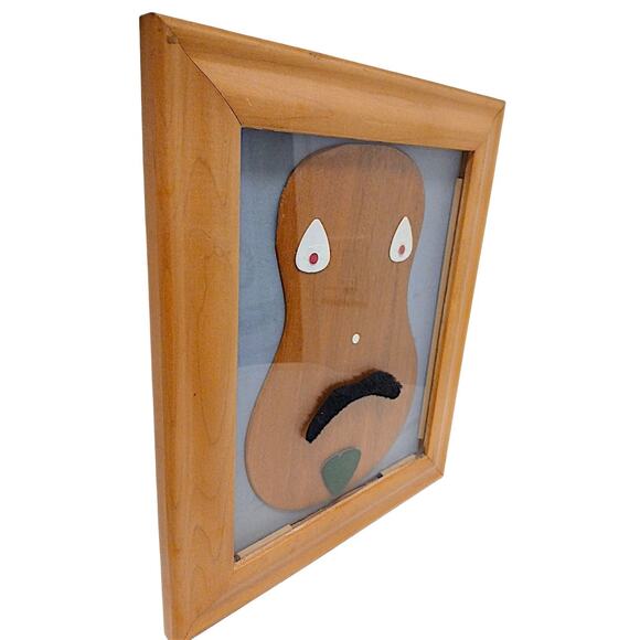 Art 3D Wood Guitar Mustache Man Signed Artist Wooden Frame Wall Hang Whimsical - Picture 2 of 6
